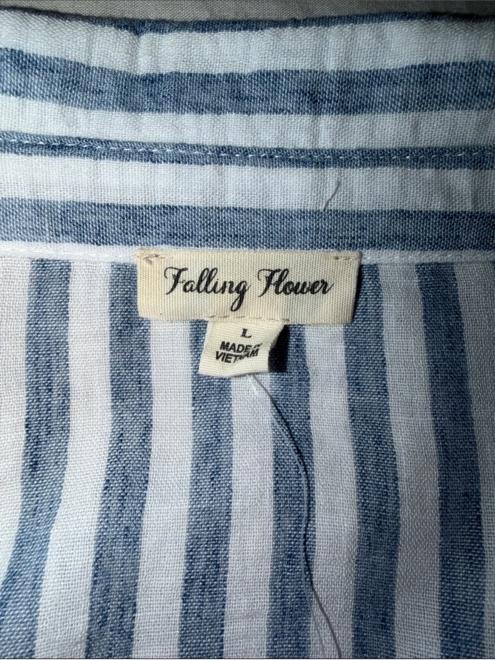 Falling Flower L Blue and White Striped Button-Up Tab Long Sleeve Shirt Dress - Picture 12 of 14